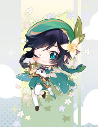 Rule 34 | 1boy, androgynous, beret, black hair, blue hair, blush, bow, braid, cape, chibi, closed mouth, collared cape, collared shirt, commentary, commentary request, corset, feathers, floral background, flower, frilled sleeves, frills, full body, genshin impact, gradient hair, green eyes, green hat, green shorts, hair flower, hair ornament, hat, highres, holding, holding instrument, instrument, leaf, lonely nine, long sleeves, looking at viewer, lyre, male focus, multicolored hair, one eye closed, pantyhose, shirt, shoes, short hair with long locks, shorts, simple background, smile, solo, symbol-only commentary, twin braids, venti (genshin impact), vision (genshin impact), white flower, white pantyhose, white shirt