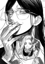 Rule 34 | +++, 2girls, bags under eyes, bare shoulders, character sticker, chest tattoo, cigarette, claire (jimoto saikou), commentary request, evil smile, facial tattoo, glasses, greyscale, hair behind ear, half-closed eyes, hand to own mouth, hand up, highres, holding, holding cigarette, jimoto saikou, long hair, looking at viewer, monochrome, multiple girls, nara-san (jimoto saikou), open mouth, portrait, ryuuhei, shoulder tattoo, simple background, smile, smoke trail, smoking, solo focus, tank top, tattoo