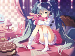 Rule 34 | 1girl, bandaid, bandaid on knee, bandaid on leg, bed, bloomers, checkered background, copyright name, frilled socks, frills, hatsune miku, knees together feet apart, lol -lots of laugh- (vocaloid), long hair, rabbit, scrunchie, sheep sleep, sitting, socks, solo, stuffed animal, stuffed rabbit, stuffed toy, twintails, underwear, very long hair, vocaloid, white socks