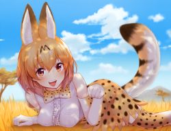 Rule 34 | 10s, 1girl, animal ears, animal print, bad id, bad pixiv id, blonde hair, blue sky, blush, breast pocket, breasts, brown dress, brown gloves, cat ears, cat tail, cloud, cloudy sky, day, dress, elbow gloves, frills, gloves, grass, hair between eyes, kemono friends, looking at viewer, lying, medium breasts, on stomach, open mouth, outdoors, paw pose, pocket, savannah, serval (kemono friends), serval print, serval tail, shade, short dress, sky, smile, solo, sukemyon, tail, teeth, thighhighs, white gloves, yellow eyes
