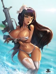 Rule 34 | 1girl, 2017, artist name, assault rifle, bare arms, bare shoulders, bikini, blunt bangs, blurry, blurry background, breast hold, breasts, brown hair, bullpup, cleavage, collarbone, contrapposto, cowboy shot, dark-skinned female, dark skin, dated, day, depth of field, flower, front-tie bikini top, front-tie top, girls&#039; frontline, gluteal fold, groin, gun, hair flower, hair ornament, holding, holding gun, holding weapon, large breasts, legs together, lily (flower), long hair, looking at viewer, navel, ocean, official alternate costume, open mouth, outdoors, partially submerged, qbz-95, rifle, santafe99, side-tie bikini bottom, solo, sparkle, standing, stomach, string bikini, swimsuit, teeth, thighhighs, tongue, type 95 (girls&#039; frontline), type 95 (summer cicada) (girls&#039; frontline), untied bikini, very long hair, wardrobe malfunction, water, weapon, white bikini, white flower, white thighhighs, yellow eyes
