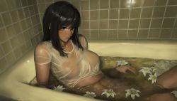 Rule 34 | 1girl, bathing, bathroom, bathtub, black hair, breasts, clothed bath, commentary, flower, highres, indoors, large breasts, long hair, looking at viewer, original, parted lips, partially submerged, reido (reido c), see-through, shirt, short sleeves, solo, tile wall, tiles, wet, wet clothes, wet shirt, white flower, white shirt, yellow eyes