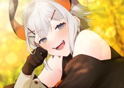 Rule 34 | 1girl, asazuke25, bare shoulders, black coat, black gloves, blurry, blurry background, blush, coat, fangs, gloves, grey eyes, grey hair, hair ornament, hairclip, hand on own cheek, hand on own face, highres, horns, levi elipha, looking at viewer, nijisanji, official art, open mouth, short hair, sign, smile, solo, tongue, upper body, virtual youtuber, x hair ornament