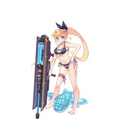Rule 34 | 1girl, alternate costume, armpits, b-25 mitchell, barefoot, bikini, black bikini, black ribbon, blonde hair, blue eyes, blush, breasts, cameltoe, cleavage, closed mouth, collarbone, eyebrows, flight deck, front-tie bikini top, front-tie top, full body, g.h (gogetsu), hand on own hip, hornet (warship girls r), inflatable toy, legs apart, long hair, looking at viewer, machinery, navel, official art, ponytail, ribbon, side-tie bikini bottom, skindentation, smile, solo, standing, swimsuit, tattoo, transparent background, warship girls r, water gun