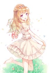 Rule 34 | 10s, 1girl, aikatsu!, aikatsu! (series), barefoot, blush, brown hair, casual, dress, drill hair, flower, frills, hair flower, hair ornament, half updo, highres, himesato maria, hiten (hitenkei), holding, holding shoes, long hair, looking at viewer, meadow, open mouth, petals, purple eyes, shoes, unworn shoes, smile, solo, white dress
