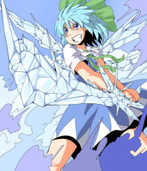 Rule 34 | 1girl, bad id, bad pixiv id, blue eyes, blue hair, bow, cirno, crystal sword, grin, hair bow, highres, ice, ice wings, mashio, matching hair/eyes, puffy sleeves, short hair, short sleeves, smile, solo, sword, touhou, weapon, wings