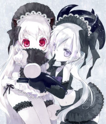Rule 34 | 10s, 2girls, abyssal ship, adapted costume, arm cannon, covered mouth, destroyer princess, finger to mouth, frills, gothic lolita, hairband, hat, hato rami, headdress, kantai collection, bridal garter, lolita fashion, lolita hairband, microskirt, mittens, multiple girls, navel, northern ocean princess, puffy short sleeves, puffy sleeves, purple eyes, red eyes, ribbon, short sleeves, side ponytail, skirt, weapon, white hair