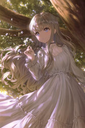 Rule 34 | 1girl, :o, blue eyes, blush, brown hair, commentary request, dappled sunlight, day, dress, feet out of frame, flower, frilled dress, frilled sleeves, frills, grey dress, highres, holding, holding flower, lazuri7, long hair, long sleeves, looking away, looking to the side, original, outdoors, parted lips, petals, purple flower, sidelocks, solo, standing, sunlight, tree, very long hair