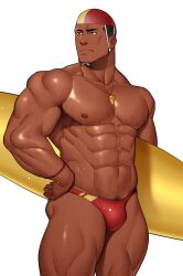 Rule 34 | 1boy, abs, bara, bulge, cheekbones, cowboy shot, dark-skinned male, dark skin, highres, holding, holding surfboard, kansuke (kansuke 717), large pectorals, lifeguard, light frown, looking to the side, male focus, male swimwear, muscular, muscular male, navel, nipples, original, pectorals, red male swimwear, short hair, solo, standing, stomach, surfboard, swim briefs, tan, thick eyebrows, thick thighs, thighs, topless male, whistle, whistle around neck