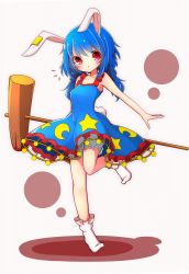 Rule 34 | 1girl, absurdres, animal ears, bare arms, bloomers, blue hair, crescent, dress, full body, highres, inon, kine, long hair, looking at viewer, low twintails, mallet, notice lines, parted lips, rabbit ears, red eyes, see-through, seiran (touhou), sleeveless, sleeveless dress, socks, solo, standing, standing on one leg, star (symbol), touhou, twintails, underwear, white socks