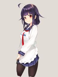 Rule 34 | 10s, 1girl, ahoge, animal print, apron, cropped legs, fish print, hair flaps, highres, kantai collection, long sleeves, looking at viewer, necktie, pantyhose, pleated skirt, purple hair, sailor collar, skirt, smile, solo, taigei (kancolle), unajuu (set mk), whale print