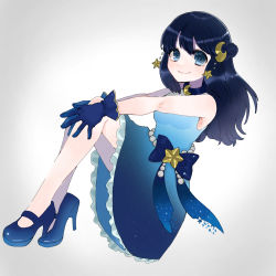 Rule 34 | 1girl, absurdres, bare arms, black hair, blue bow, blue dress, blue eyes, blue footwear, blue gloves, bow, breasts, closed mouth, creatures (company), crescent, crescent hair ornament, dawn (pokemon), dress, full body, game freak, gloves, gradient dress, hair ornament, high heels, highres, long hair, looking at viewer, nintendo, pokemon, pokemon (anime), pokemon journeys, pokemon swsh075, sitting, smile, solo, tayuta (tayu 715)