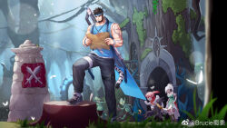 Rule 34 | 1girl, arm tattoo, artist request, baimeme, bandaged leg, bandages, bara, bare arms, beard, black hair, blue headband, blue shirt, blurry, blurry foreground, brucie (infighter821), check artist, commission, dungeon and fighter, facial hair, fantasy, from below, full body, giant tree, goblin, grass, headband, highres, holding, holding map, large pectorals, leg belt, leg up, light, male focus, male priest (dungeon and fighter), map, mature male, mold, muscular, muscular male, original, pectorals, reading, running, scenery, second-party source, shirt, short hair, sleeveless, sleeveless shirt, standing, tail, tattoo, tiger tail, tree