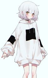 Rule 34 | 1girl, :|, black choker, blush, choker, closed eyes, closed mouth, expressionless, green eyes, highres, hood, hood down, hoodie, blue background, long sleeves, mimelond, original, oversized clothes, sleeves past wrists, white hair, white hoodie