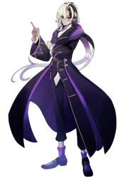 Rule 34 | &gt;:), 1boy, ashioka kuraco, bell sleeves, belt, belt buckle, black belt, black coat, black footwear, black hair, black jacket, black pants, buckle, coat, curtained hair, dragalia lost, frilled sleeves, frills, full body, glasses, hair between eyes, hand on own arm, hand up, headphones, heinwald (dragalia lost), index finger raised, jacket, lapels, long coat, long hair, long sleeves, looking at viewer, low ponytail, male focus, mary janes, multicolored hair, notched lapels, pants, pince-nez, purple socks, shirt, shoes, socks, solo, standing, stitched face, stitches, streaked hair, two-tone hair, v-shaped eyebrows, very long hair, white hair, white shirt