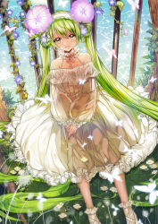 Rule 34 | 1girl, absurdly long hair, absurdres, alternate hair color, blush, bug, butterfly, flower, green hair, hatsune miku, highres, insect, kimpeul, long hair, looking at viewer, matching hair/eyes, morning glory, own hands together, parted lips, see-through, sitting, smile, socks, solo, sparkle, teeth, twintails, very long hair, vocaloid, yellow eyes