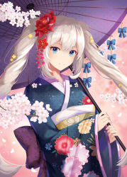 Rule 34 | 1girl, blue bow, blue eyes, bow, cherry blossoms, dew (7302235), fate/grand order, fate (series), floral print, flower, hair flower, hair ornament, highres, holding, holding umbrella, japanese clothes, kimono, looking at viewer, marie antoinette (fate), oil-paper umbrella, pink background, red flower, sidelocks, smile, spring (season), standing, twintails, umbrella, upper body, white hair, wide sleeves, yukata