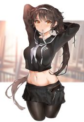 Rule 34 | 1girl, adjusting hair, animal ears, arms up, azur lane, bad id, bad pixiv id, black pantyhose, black serafuku, black skirt, blurry, blush, bow, breasts, commentary request, cpqm, cropped legs, depth of field, dog ears, hair ears, hair flaps, hand in own hair, highres, large breasts, long hair, long sleeves, looking at viewer, miniskirt, mouth hold, navel, one-piece swimsuit, panties, panties under pantyhose, pantyhose, pleated skirt, ponytail, ribbon, sailor collar, school uniform, serafuku, skirt, solo, swimsuit, takao (azur lane), takao (school romanza) (azur lane), tying hair, underwear, unzipped, very long hair, white bow, white one-piece swimsuit, white ribbon