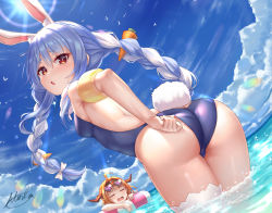 Rule 34 | 2girls, :o, adjusting clothes, adjusting swimsuit, animal ear fluff, animal ears, ass, back, bare shoulders, blue hair, blush, braid, breasts, butt crack, carrot, carrot hair ornament, cloud, creature, fang, food-themed hair ornament, fur scarf, hair ornament, heart, highres, hololive, horns, kiryu coco, lifebuoy, long hair, miko no kamiko, multiple girls, ocean, one-piece swimsuit, partially submerged, rabbit, rabbit-shaped pupils, rabbit ears, rabbit girl, rabbit tail, scarf, single thighhigh, sky, small breasts, sunglasses, swim ring, swimsuit, symbol-shaped pupils, tail, thick eyebrows, thighhighs, twin braids, usada pekora, vector trace, virtual youtuber, wading, water, white hair