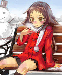 Rule 34 | 1girl, absurdres, bench, blush, breath, breathing on hands, brown eyes, brown hair, coat, day, denchu (kazudentyu), highres, kneehighs, long hair, low ponytail, matching hair/eyes, mikakunin de shinkoukei, mitsumine mashiro, outdoors, pom pom (clothes), red coat, scarf, sitting, skirt, snow, snowman, socks, solo, white scarf, winter, winter clothes