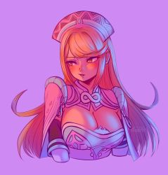 Rule 34 | 1girl, blonde hair, blush, breasts, cleavage, cosplay, cropped torso, hat, highres, issycake, large breasts, long hair, looking to the side, melia antiqua, melia antiqua (cosplay), mythra (xenoblade), purple background, simple background, solo, swept bangs, xenoblade chronicles (series), xenoblade chronicles 1, xenoblade chronicles 2, yellow eyes