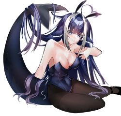 Rule 34 | 1girl, absurdres, ahoge, animal ears, bare shoulders, breasts, cetacean tail, cleavage, clothes grab, commentary, covered navel, fake animal ears, fins, fish tail, groin, heart, heart ahoge, highres, indie virtual youtuber, large breasts, leotard, long hair, looking at viewer, messy hair, moonchii, multicolored hair, orca girl, pantyhose, playboy bunny, purple eyes, rabbit ears, shylily, sideboob, sidelocks, simple background, sitting, skin tight, smile, solo, strapless, strapless leotard, streaked hair, tail, unfinished, very long hair, virtual youtuber, white background, white hair, yokozuwari