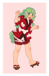 Rule 34 | 1girl, :d, adapted costume, animal ears, blush, curly hair, fang, green eyes, green hair, highres, horns, japanese clothes, kimono, komano aunn, long hair, looking at viewer, nekolina, open mouth, paw pose, sandals, short sleeves, shorts, single horn, smile, solo, tail, toes, touhou, yukata