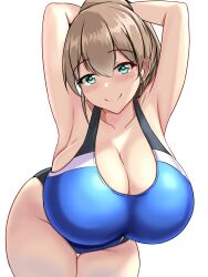 Rule 34 | 1girl, aqua eyes, armpits, arms up, bent over, blue one-piece swimsuit, blush, breasts, brown hair, cleavage, closed mouth, collarbone, commentary request, competition swimsuit, hanging breasts, highres, intrepid (kancolle), kantai collection, large breasts, looking at viewer, montemasa, one-piece swimsuit, simple background, smile, solo, standing, swimsuit, white background