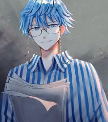 Rule 34 | 1boy, absurdres, aged up, blue eyes, blue hair, chain, eyewear strap, fate/grand order, fate (series), glasses, hair between eyes, hans christian andersen (adult) (fate), hans christian andersen (fate), highres, male focus, paper, shirt, smile, solo, striped clothes, striped shirt, tobi (pixiv41237754), vertical-striped clothes, vertical-striped shirt
