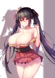 Rule 34 | 1girl, :p, azur lane, bare shoulders, black hair, blush, breasts, cleavage, closed mouth, collarbone, commentary request, geonjeonji, hair ribbon, highres, huge breasts, korean commentary, long hair, looking at viewer, orange eyes, red ribbon, ribbon, solo, standing, taihou (azur lane), tongue, tongue out, twintails
