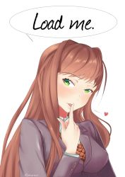 Rule 34 | 1girl, artist name, blazer, blush, brown hair, commentary, doki doki literature club, elchrissenpai, english commentary, english text, finger to mouth, green eyes, heart, jacket, long hair, looking at viewer, monika (doki doki literature club), school uniform, self-upload, solo, speech bubble, upper body