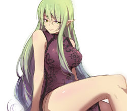 Rule 34 | 1girl, bad id, bad pixiv id, breasts, china dress, chinese clothes, dress, earrings, elf, eyeshadow, female focus, green eyes, green hair, hoshino kaoru, jewelry, large breasts, long hair, looking at viewer, makeup, matching hair/eyes, original, pointy ears, purple dress, sitting, sleeveless, sleeveless dress, smile, solo, thighs, very long hair, white background