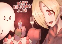 Rule 34 | 1girl, blonde hair, cake, candle, disembodied hand, earrings, fang, food, fork, fruit, ghost, hair over one eye, happy birthday, highres, holding, holding fork, hood, hoodie, idolmaster, idolmaster cinderella girls, jewelry, open mouth, red eyes, shirasaka koume, short hair, sleeves past fingers, sleeves past wrists, smile, strawberry, syouzu jiru, teeth