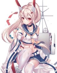 Rule 34 | 1girl, ascot, ayanami (azur lane), azur lane, belt, blouse, breasts, collarbone, detached sleeves, groin, hair between eyes, hair ornament, highres, holding, holding own hair, horns, kinty, lifebuoy, long hair, looking at viewer, machinery, mechanical horns, medium breasts, midriff, navel, orange ascot, ponytail, red eyes, shirt, silver hair, simple background, sitting, solo, swim ring, thighhighs, very long hair, white background, white shirt, white thighhighs