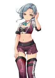 1girl absurdres aqua_bow aqua_bowtie bandeau bow bowtie clothes_writing commentary_request cowboy_shot cropped_jacket detached_collar forehead grey_hair highres jacket kantai_collection midriff mole mole_on_neck navel purple_bandeau purple_shorts purple_thighhighs race_queen short_hair shorts simple_background solo tamanami_(kancolle) thighhighs white_background white_jacket yashin_(yasinz) yellow_eyes zoom_layer