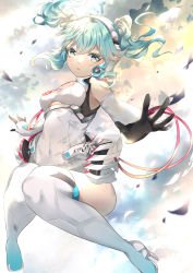 Rule 34 | 1girl, absurdres, aqua eyes, aqua hair, bare shoulders, black gloves, chestnut mouth, chinese commentary, cloud, cloudy sky, commentary request, crypton future media, elbow gloves, falling petals, gloves, hatsune miku, headphones, high heels, highres, knees together feet apart, leotard, looking at viewer, medium hair, outstretched arms, parted lips, petals, racing miku, racing miku (2014), rhea (0u0), sky, solo, thighhighs, twintails, two-tone gloves, vocaloid, white gloves, white leotard, white thighhighs