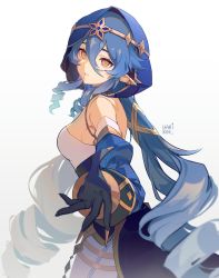 Rule 34 | 1girl, armpit crease, bare shoulders, black gloves, blue hair, blush, breasts, bright pupils, circlet, claw ring, cleavage, closed mouth, collarbone, commentary, detached sleeves, drill hair, drill sidelocks, eyelashes, genshin impact, gloves, gold choker, gradient hair, hair between eyes, harikoe, highres, hood, hood up, jewelry, juliet sleeves, layla (genshin impact), long hair, long sleeves, looking at viewer, medium breasts, multicolored hair, neck ring, outstretched arm, parted lips, pointy ears, puffy long sleeves, puffy sleeves, sideboob, sidelocks, simple background, solo, star (symbol), symbol-only commentary, twin drills, upper body, very long hair, white background, white pupils, yellow eyes