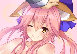 Rule 34 | 10s, 1girl, absurdres, animal ears, blush, bow, collarbone, commentary request, fate/extra, fate (series), fox ears, hair bow, hair ribbon, hand on another&#039;s head, head pat, headpat, highres, looking at viewer, one eye closed, pink hair, ribbon, smile, solo, solo focus, tamamo (fate), tamamo no mae (fate/extra), topless, yellow eyes