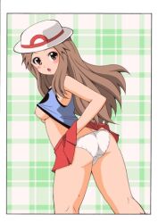 Rule 34 | 1girl, blush, breasts, brown eyes, brown hair, clothes lift, creatures (company), female focus, game freak, hand under clothes, hat, koutarosu, leaf (pokemon), long hair, looking at viewer, medium breasts, nintendo, nipples, no bra, open mouth, panties, pokemon, pokemon frlg, skirt, skirt lift, sleeveless, solo, underwear