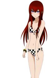 Rule 34 | 1girl, artist request, bare shoulders, bikini, blush, breasts, brown hair, checkered bikini, checkered clothes, collarbone, embarrassed, female focus, front-tie top, hair between eyes, halterneck, highres, long hair, long image, looking at viewer, makise kurisu, navel, purple eyes, scrunchie, shade, side-tie bikini bottom, skinny, small breasts, solo, standing, steins;gate, swimsuit, tall image, thigh gap, thighs, third-party edit, transparent background