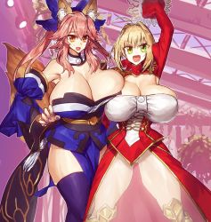 Rule 34 | 2girls, animal ears, blonde hair, breasts, cleavage, dress, fate/extra, fate/grand order, fate (series), fox ears, fox girl, fox tail, green eyes, hair ribbon, huge breasts, looking at viewer, melon22, multiple girls, nero claudius (fate), nero claudius (fate/extra), open mouth, pink hair, red dress, ribbon, smile, sweatdrop, tail, tamamo (fate), tamamo no mae (fate/extra), thighhighs, yellow eyes