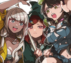 Rule 34 | 3girls, :d, arm up, bikini, black hair, black jacket, breasts, buttons, chabashira tenko, collarbone, collared shirt, commentary, danganronpa (series), danganronpa v3: killing harmony, dark-skinned female, dark skin, double-breasted, green eyes, grey hair, hair ornament, hair ribbon, hairband, highres, jacket, jewelry, large breasts, layered skirt, long hair, looking at viewer, medium hair, mi cha iru, mole, mole under mouth, multiple girls, navel, necklace, open mouth, pleated skirt, ribbon, school uniform, serafuku, shell, shell necklace, shirt, skirt, smile, stomach, swimsuit, symbol-only commentary, teeth, twintails, upper teeth only, yonaga angie, yumeno himiko