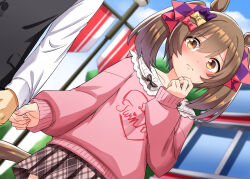 Rule 34 | 1boy, 1girl, alternate costume, animal ears, blurry, blurry background, blush, bow, brown hair, casual, clothes grab, commentary request, dutch angle, ear ribbon, hair between eyes, hair ornament, highres, horse ears, horse girl, kamelie, pink sweater, ribbon, sky, sleeve grab, smart falcon (umamusume), solo focus, sweat, sweater, trainer (umamusume), twintails, umamusume, yellow eyes