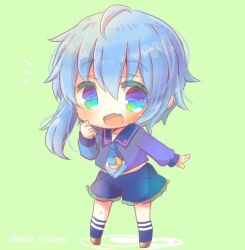 Rule 34 | 10s, 1girl, ahoge, asymmetrical hair, blouse, blue eyes, blue hair, blue necktie, blue shirt, blue shorts, blue socks, chibi, crescent, crescent pin, fang, frilled shorts, frills, full body, green background, kantai collection, kneehighs, kou hiyoyo, looking at viewer, minazuki (kancolle), necktie, open mouth, shirt, short hair, short shorts, shorts, socks, solo, standing