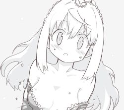 Rule 34 | 1girl, blush, breasts, crown, highres, jeanne flamel, long hair, looking at viewer, mahou shoujo madoka magica, mahou shoujo tart magica, medium breasts, monochrome, open mouth, simple background, solo, sonohi210, sweat, unzipped, wardrobe malfunction, white background