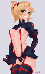 Rule 34 | 1girl, black gloves, black skirt, black thighhighs, blonde hair, blush, breasts, breasts apart, clenched teeth, cosplay, embarrassed, fate/apocrypha, fate (series), garter straps, gloves, green eyes, grey background, highres, kill la kill, matoi ryuuko, matoi ryuuko (cosplay), miniskirt, mordred (fate), mordred (fate/apocrypha), navel, parted lips, revealing clothes, short hair, short ponytail, showgirl skirt, shrug (clothing), signature, simple background, skirt, small breasts, solo, stomach, suspender skirt, suspenders, teeth, thighhighs, toned, v-shaped eyebrows, zealyush