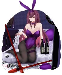 Rule 34 | 1girl, absurdres, animal ears, blush, bottle, breasts, bridal garter, card, cup, detached collar, drinking glass, fake animal ears, fate/grand order, fate (series), fishnet pantyhose, fishnets, gae bolg (fate), grey pantyhose, hair between eyes, highleg, highleg leotard, highres, large breasts, legs, leotard, long hair, looking at viewer, nvl, official alternate costume, on bed, pantyhose, parted lips, pillow, playboy bunny, playing card, poker chip, polearm, purple hair, purple leotard, rabbit ears, red eyes, scathach (fate), scathach (piercing bunny) (fate), spear, thighs, weapon, wine bottle, wrist cuffs