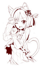 Rule 34 | 10s, 1girl, animal ears, cat ears, cat tail, fang, flower, fujy, hair flower, hair ornament, idolmaster, idolmaster cinderella girls, looking at viewer, maekawa miku, monochrome, one eye closed, open mouth, paw pose, rose, short hair, simple background, smile, solo, tail, white background, wink