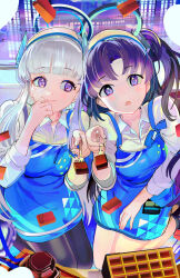 Rule 34 | 119, 2girls, black pantyhose, blue archive, blue necktie, chocolate, collared shirt, fork, grey hair, halo, highres, holding, holding fork, long hair, long sleeves, looking at viewer, mechanical halo, multiple girls, necktie, noa (blue archive), pantyhose, purple eyes, purple hair, shirt, two side up, valentine, white shirt, yuuka (blue archive)