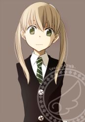 Rule 34 | 00s, 1girl, arms behind back, blonde hair, copyright name, formal, green eyes, long hair, looking at viewer, maka albarn, necktie, school uniform, simple background, solo, soul eater, suit, tsukimori usako, twintails